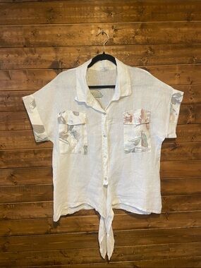Pure Venice White Linen Tie-Front Button Up Shirt with Subtle Floral Accents - M